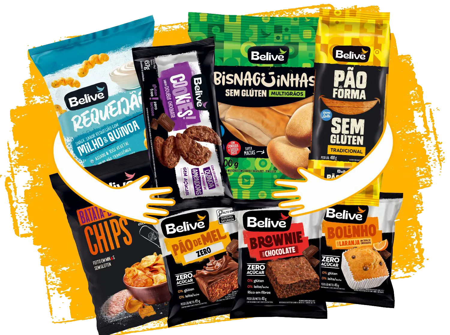 Produtos Belive Be Free: salgadinhos, bolinhos e pães. Sem glúten, sem leite, sem lactose e opções sem açúcar.